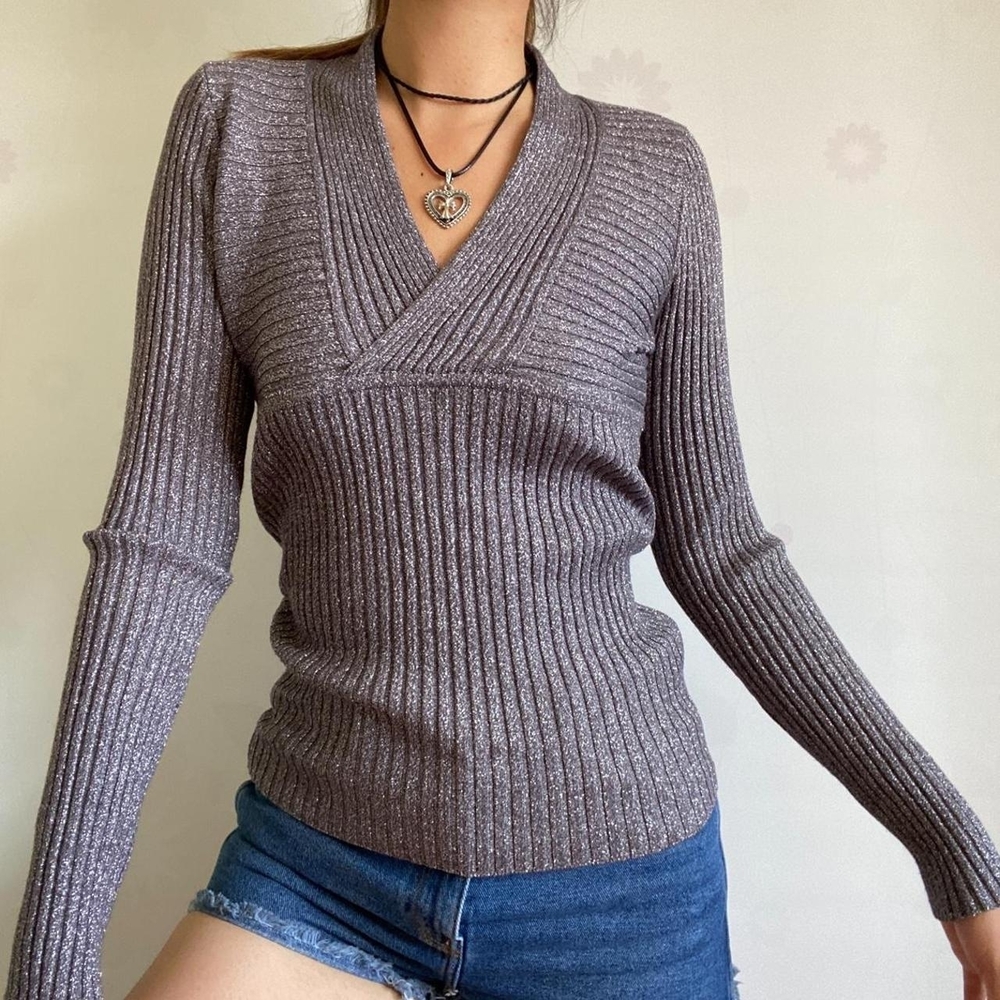 INC International Concepts Women's V-Neck Sweater - Silver Gray Petite Small